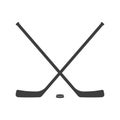 Ice hockey crossed sticks and puck icon Black silhouette isolated on white background. Sport equipment symbol. Vector illustration Royalty Free Stock Photo